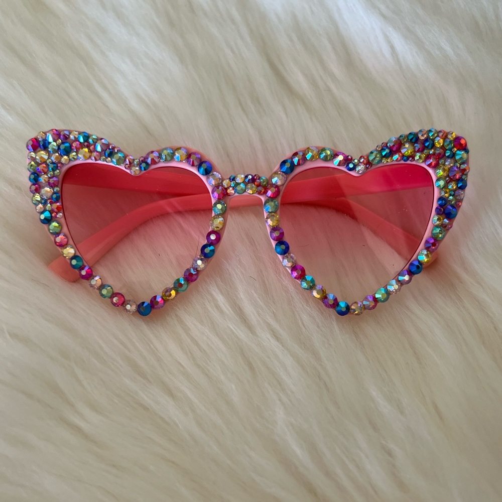 ⚡️Multicolored rhinestone pink heart shaped cat eye sunglasses